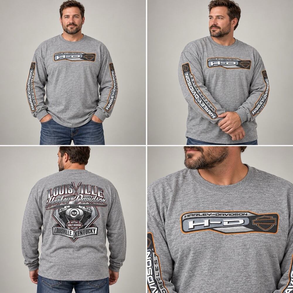 Harley Davidson Shirt Mens 2X Gray Long Sleeve Louisville KY Dealer Graphic